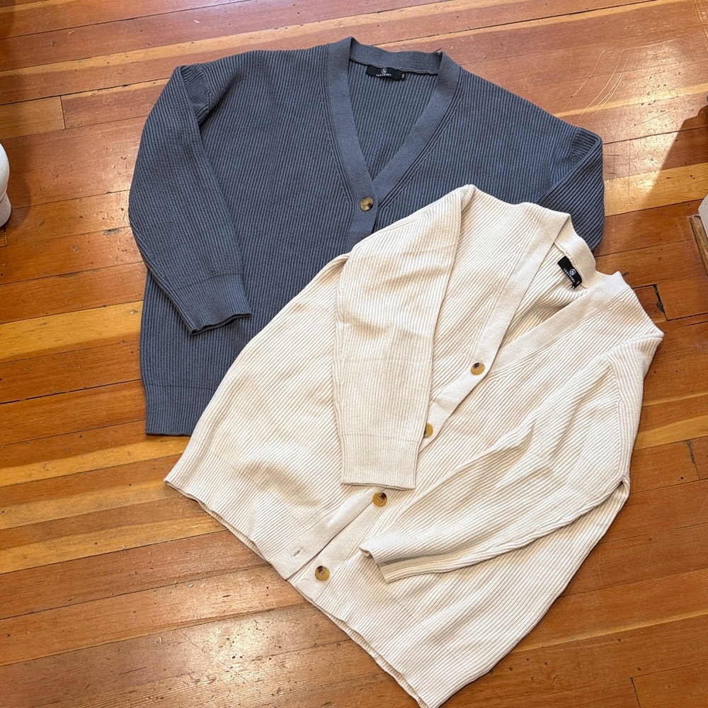 Ribbed Button Cardigan Set — Cream & Slate Blue